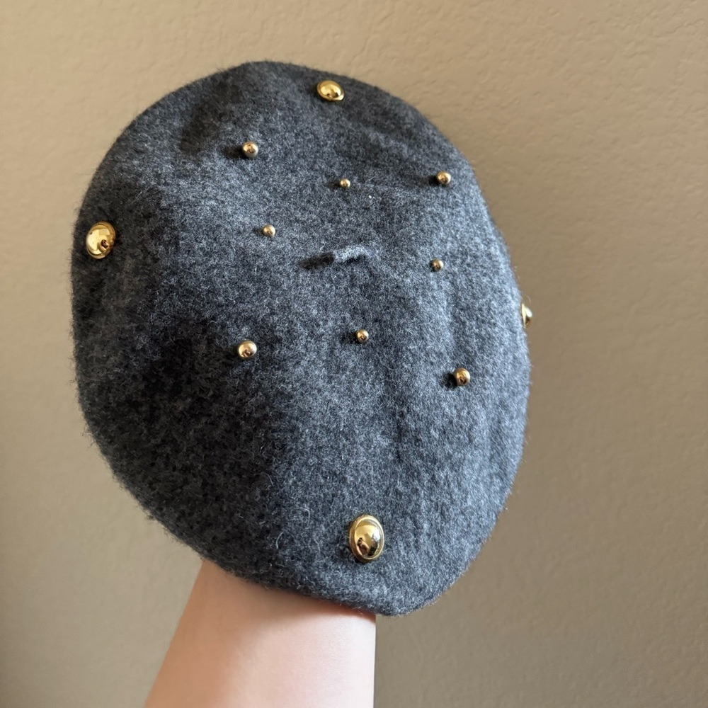 Vintage Betmar Wool Beaded Beret Hat Grey Gold Pearl